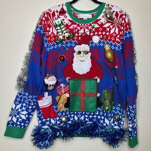 Ugly Christmas Sweater Cool Santa LIGHTS UP Tacky Tinsel Xmas Party Winner Large